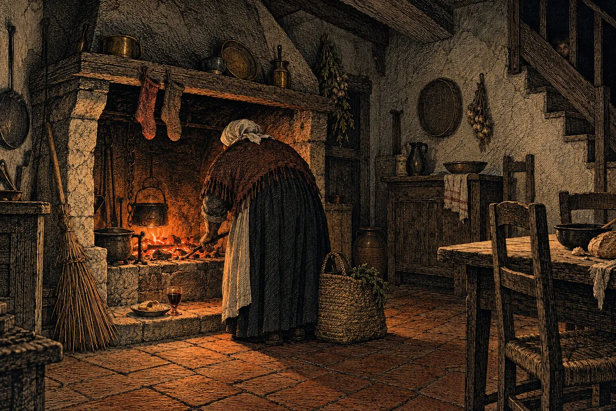 Interior de una cocina campesina de noche, iluminada solamente por las brasas de la chimenea: ante el hogar, vista de espaldas e inclinada hacia delante, una vieja con mantón y pañuelo en la cabeza; en el suelo una cesta, en la pared una escoba de sorgo, dos calcetines colgados de la campana y sobre el suelo de barro cocido un plato con un vaso de vino.