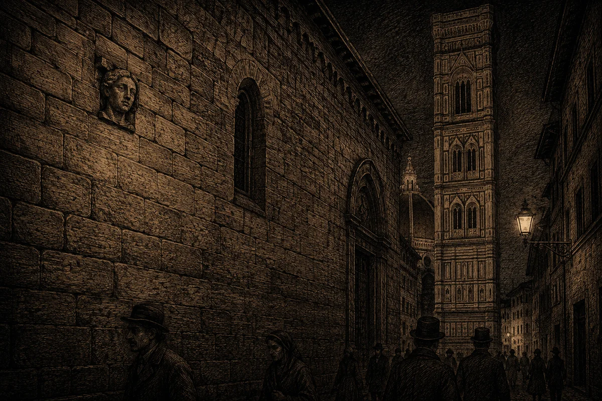 Via de' Cerretani in Florence, at night: on the stone side of the church, set high among the ashlars, a small carved woman's head looks towards the street. Below, a few figures in hats pass by, and in the distance the bell tower and the dome rise, lit by a lamp.
