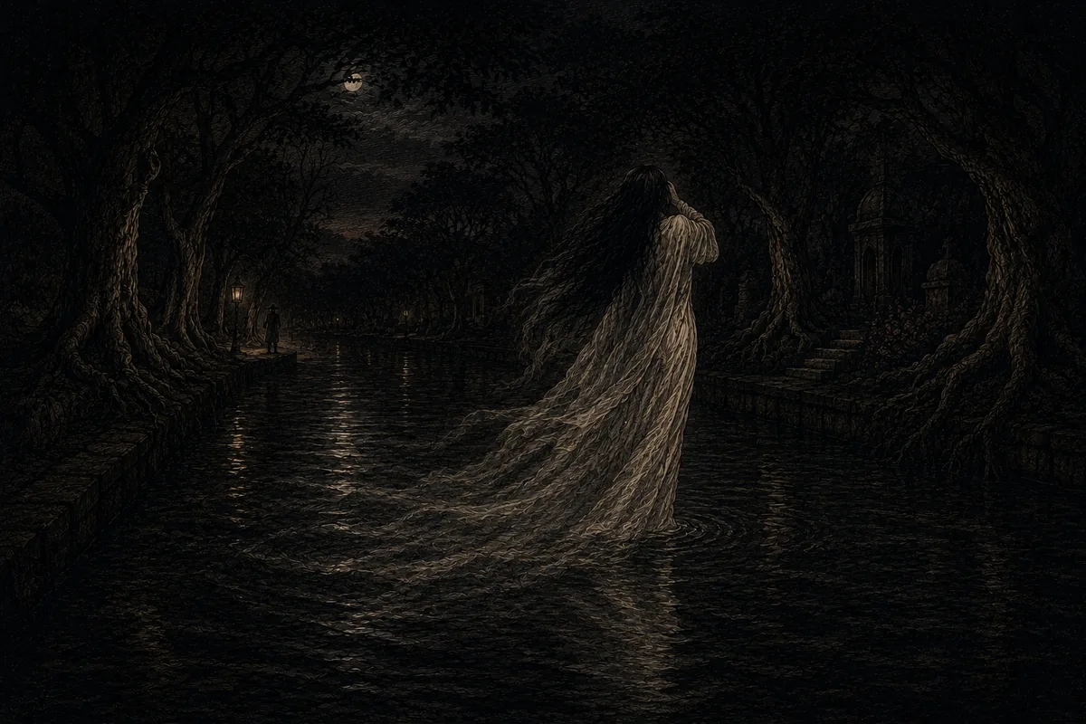 On a canal at night among trees laden with creepers, a woman in white with long black hair advances over the water with her hands to her face; at the end of the quay, under a street lamp, the outline of a man.