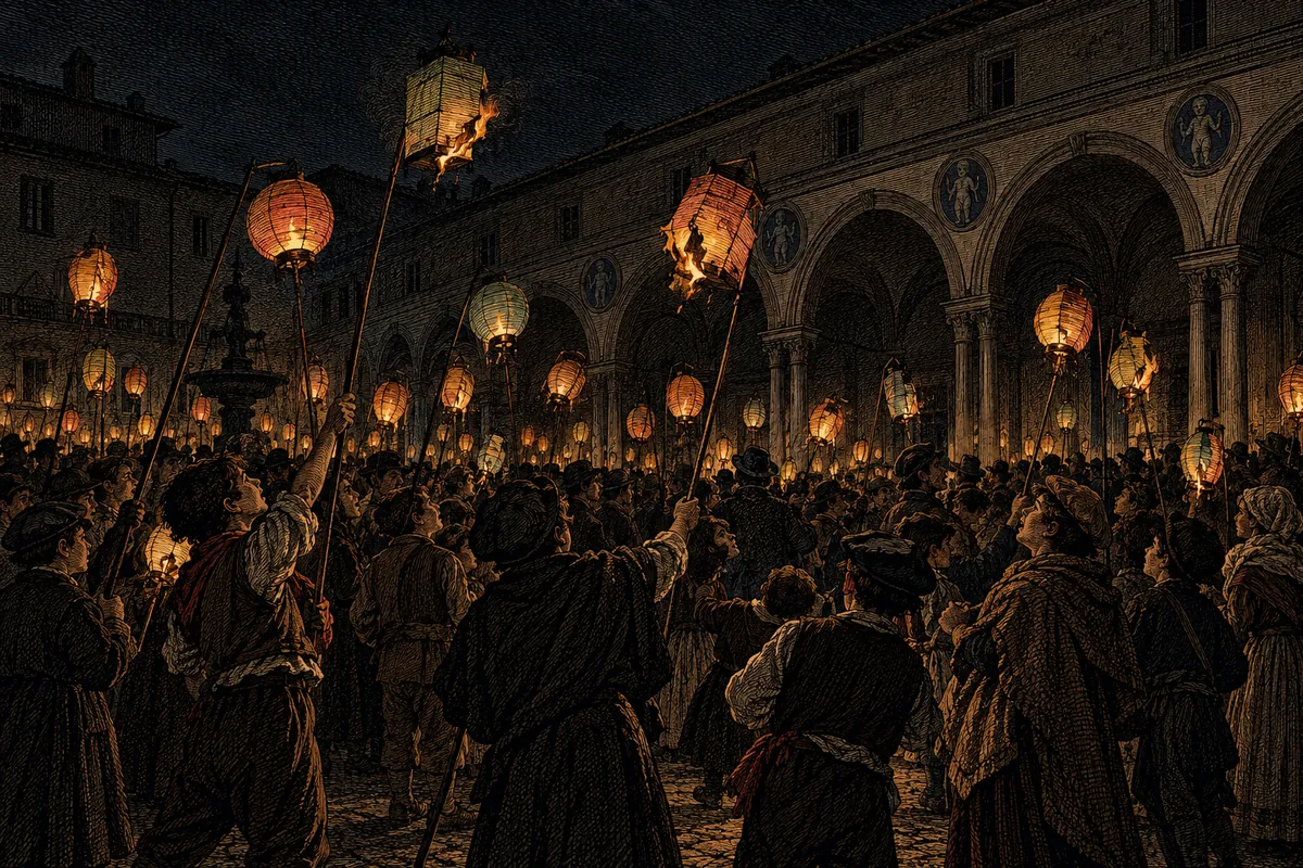 Piazza della Santissima Annunziata en Florencia de noche: una multitud de muchachos con linternas de papel de colores izadas en largas cañas, algunas ya agujereadas y en llamas, bajo el pórtico de los Innocenti; la única luz es la de las linternas mismas.