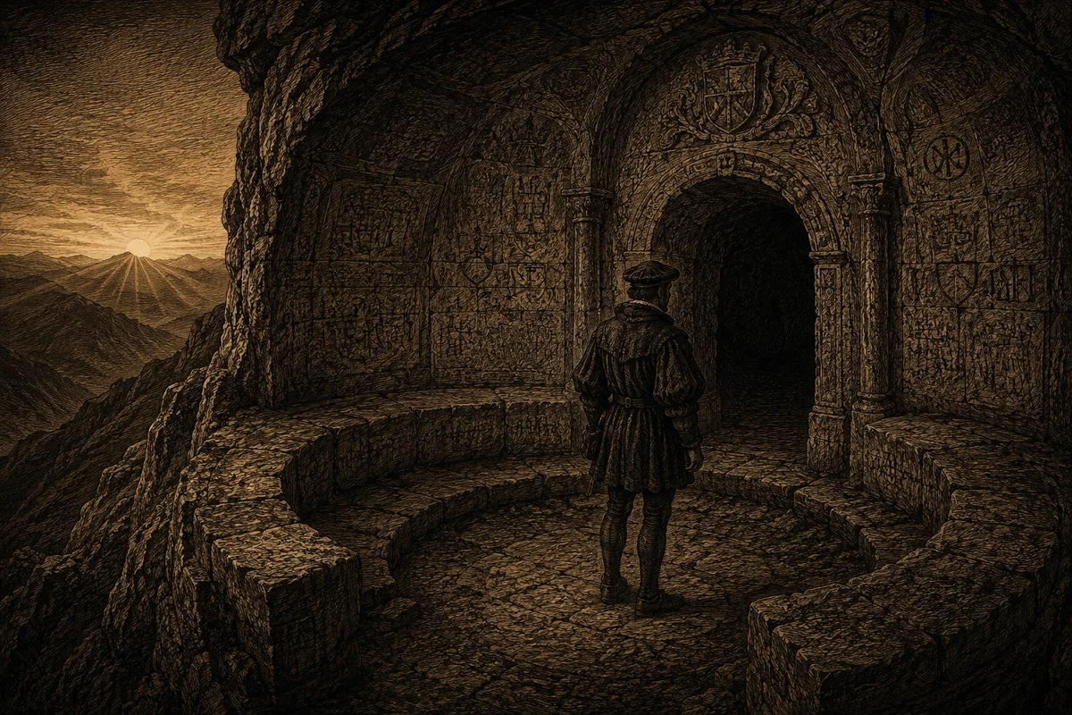 On the ridge of Monte Sibilla, in the light of the first sun rising among the mountains, the vestibule of the cave cut into the rock: stone seats in a semicircle, the walls covered with incised coats of arms and signatures, and the black arch of the entrance. A man in fifteenth-century dress stands still on the threshold, seen from behind, and does not go in.