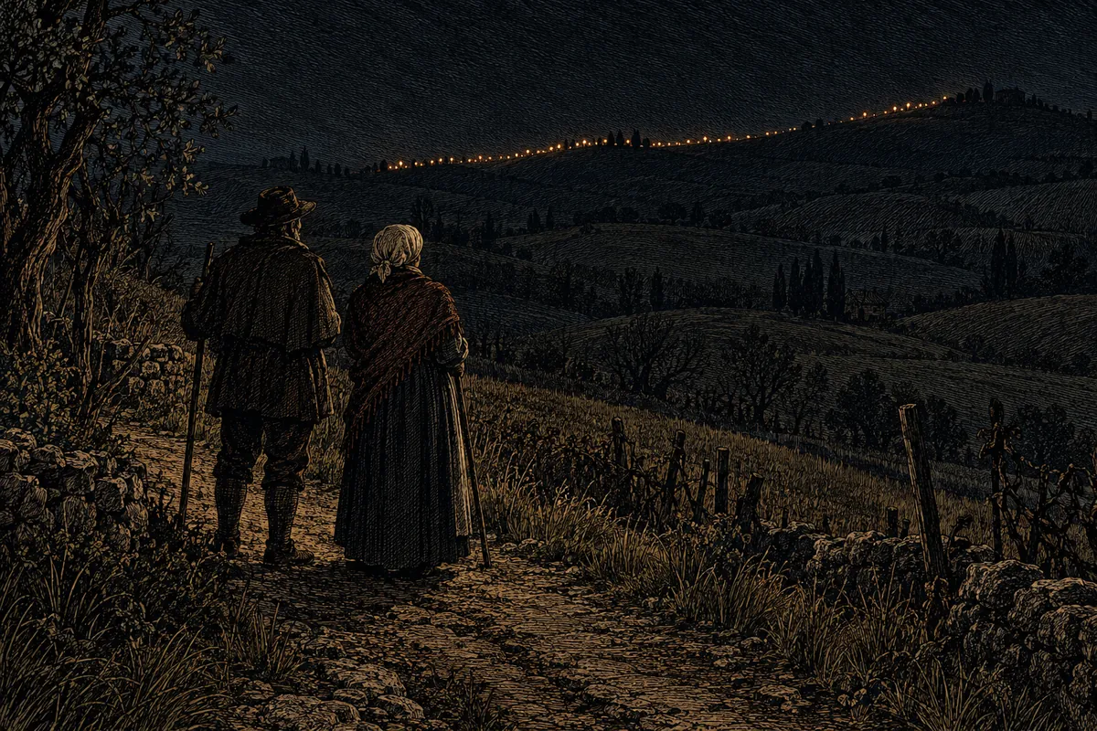 Un sendero entre los campos del Mugello en una noche sin luna: dos campesinos detenidos en el borde, de espaldas, miran una larga fila de pequeñas luces que avanza en la lejanía a lo largo de la cresta, sin figuras reconocibles.
