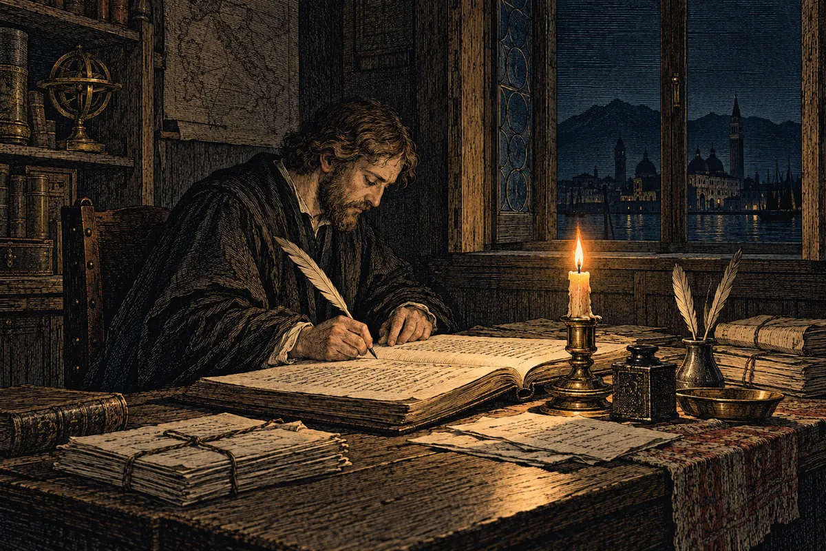 Un escritorio veneciano: un hombre con ropa oscura copia una carta en un gran registro a la luz de una vela; la escritura en la hoja permanece ilegible, líneas de tinta y nada más; por la ventana a su espalda la laguna y la silueta de las montañas.