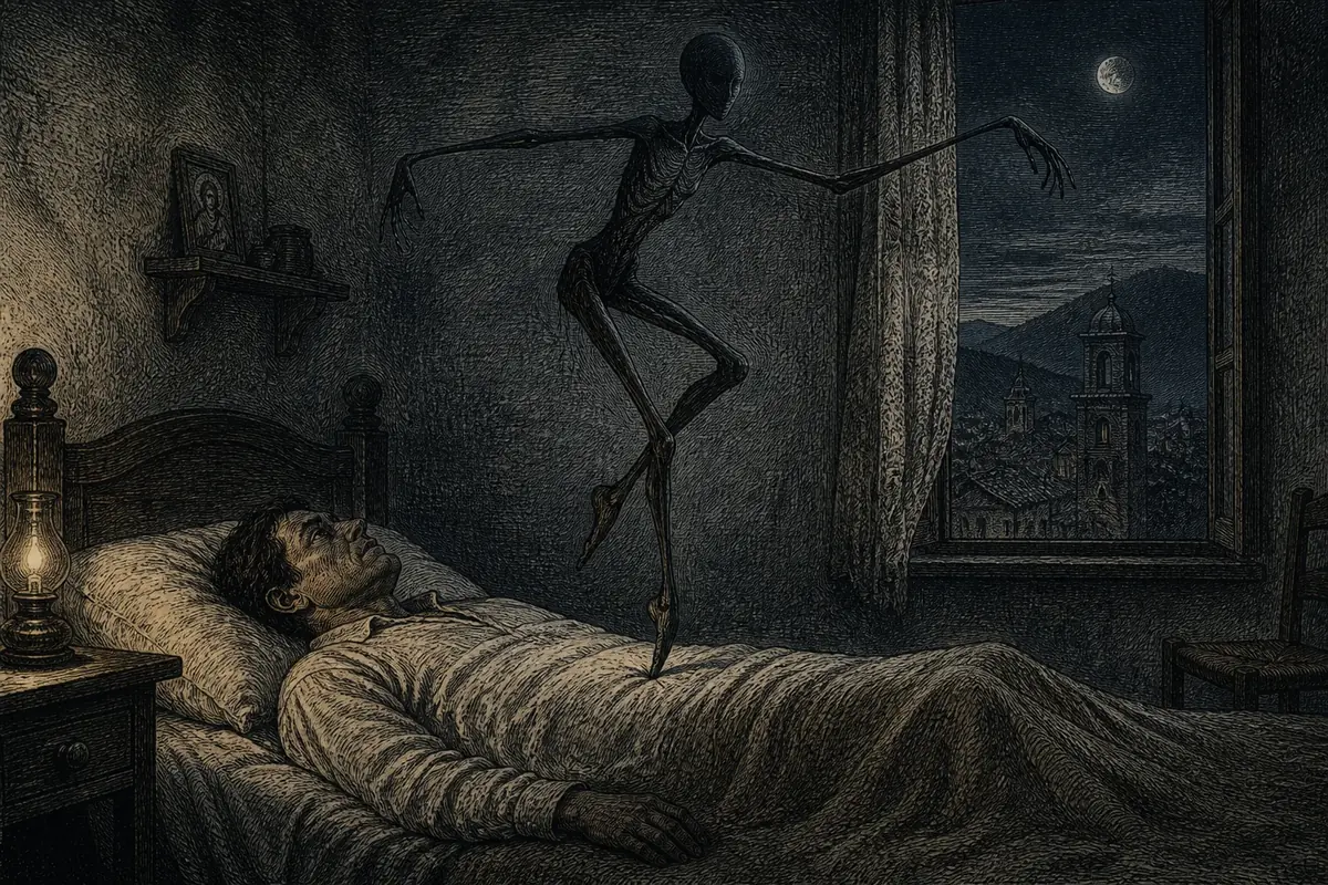 Il Lenghelo, creatura allungata e longilinea, balla sulla pancia di un dormiente in una casa dei Castelli Romani.