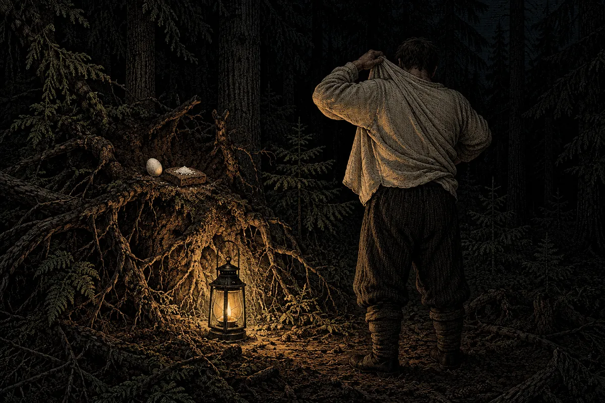 Dentro de un bosque de abetos al crepúsculo, la única luz es un farol puesto en el suelo junto a un árbol descalzado con las raíces al aire: sobre las raíces un huevo y un pedazo de pan con la sal; un hombre de pie de espaldas, sin cinturón, se está volviendo la camisa del revés.