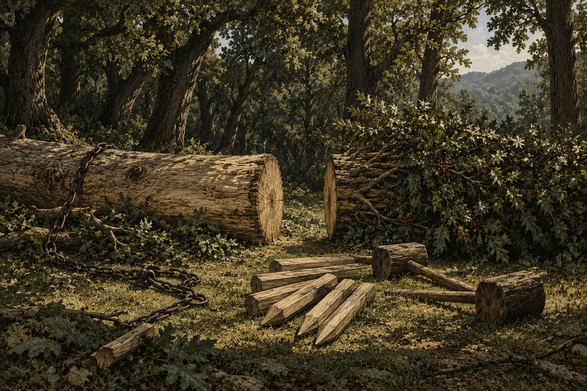 In a clearing, two trunks lie on the ground head to head: a large barked oak stem and, facing it, a holly crown still in leaf. Between them, large wooden pegs and mallets lie on the grass; nobody in the scene.