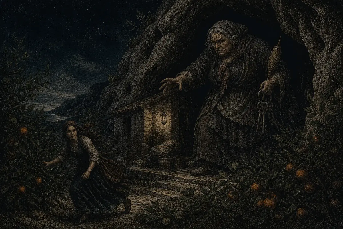La Mammadraga, orchessa gigantesca delle fiabe siciliane, sorveglia i suoi beni in una casa isolata fra gli orti.