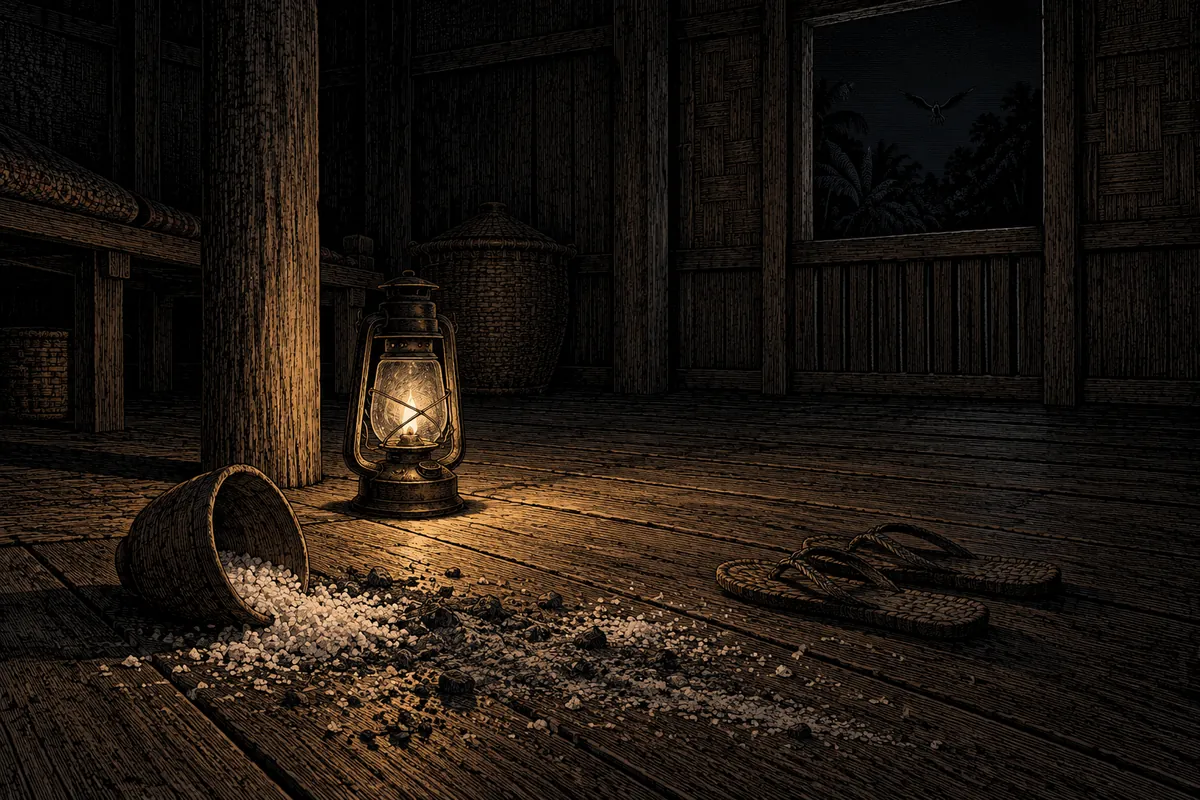 Interior de una casa de madera sobre pilotes, de noche, vacío de personas: en el suelo de tablas un cuenco volcado, sal y ceniza esparcidas y un par de sandalias dejadas allí. La única luz es una lámpara de petróleo puesta en el suelo; más allá de la ventana sin cristales, lejanísima y apenas legible contra el negro, una silueta alada que se aleja.