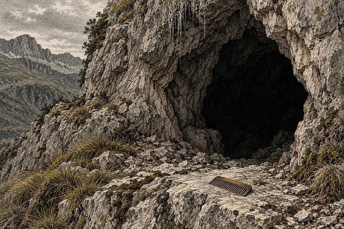 The mouth of a cave opening in the limestone wall of a Basque mountain, seen from just below; on the flat rock at the entrance, set down, a comb. Inside, full darkness. No figure.