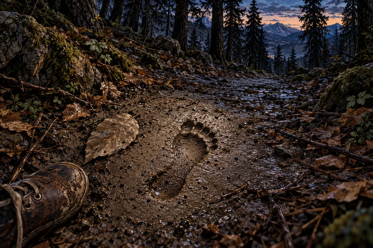 The wet earth of a woodland path at dusk: in the mud, the only mark, a bare footprint, deep and sharp, with five separate toes; a dry leaf lying beside it. In the bottom corner, the toe of a worn leather shoe. No figure; behind, the path climbs and the wood opens onto the valley.