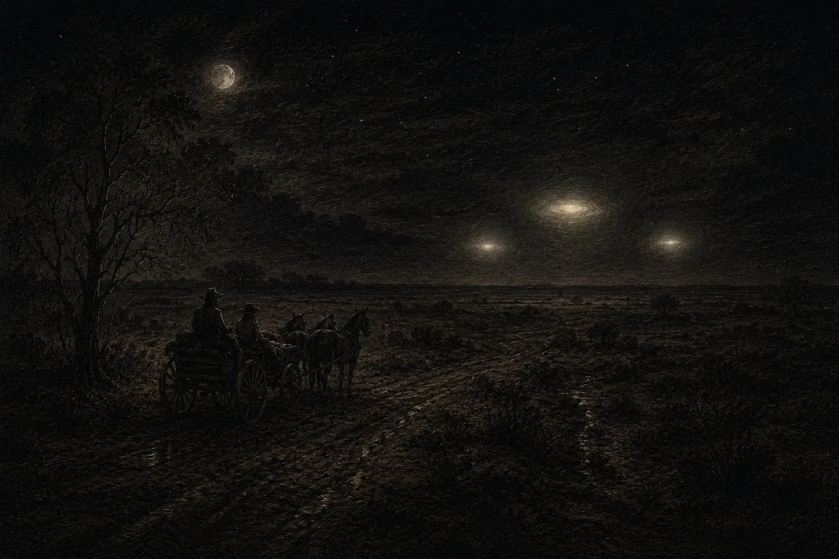 On an Australian country track a three-horse wagon has stopped: ahead, above the dark plain, three discoid lights float motionless at the height of the horizon, beneath the moon.