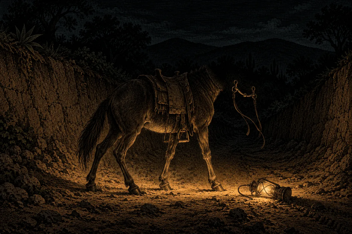 Un camino de tierra de campo, de noche, entre dos muretes de tierra apisonada: en el centro una mula oscura con el cuello que acaba sin cabeza y los corvejones tensos; en el suelo un farol volcado es la única fuente de luz e ilumina desde abajo el bocado de hierro suspendido en el aire y el polvo levantado por los cascos.