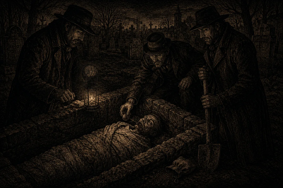Nocturnal engraving in a cemetery of northern Germany: a stone-lined grave has been reopened and the body lies wrapped in its shroud, its mouth stained. Three men in overcoats and hats stand around it: one holds the lantern resting on the edge, one the spade, and the third drops a coin between the dead man's lips. On the ground an overturned bag of poppy seeds.