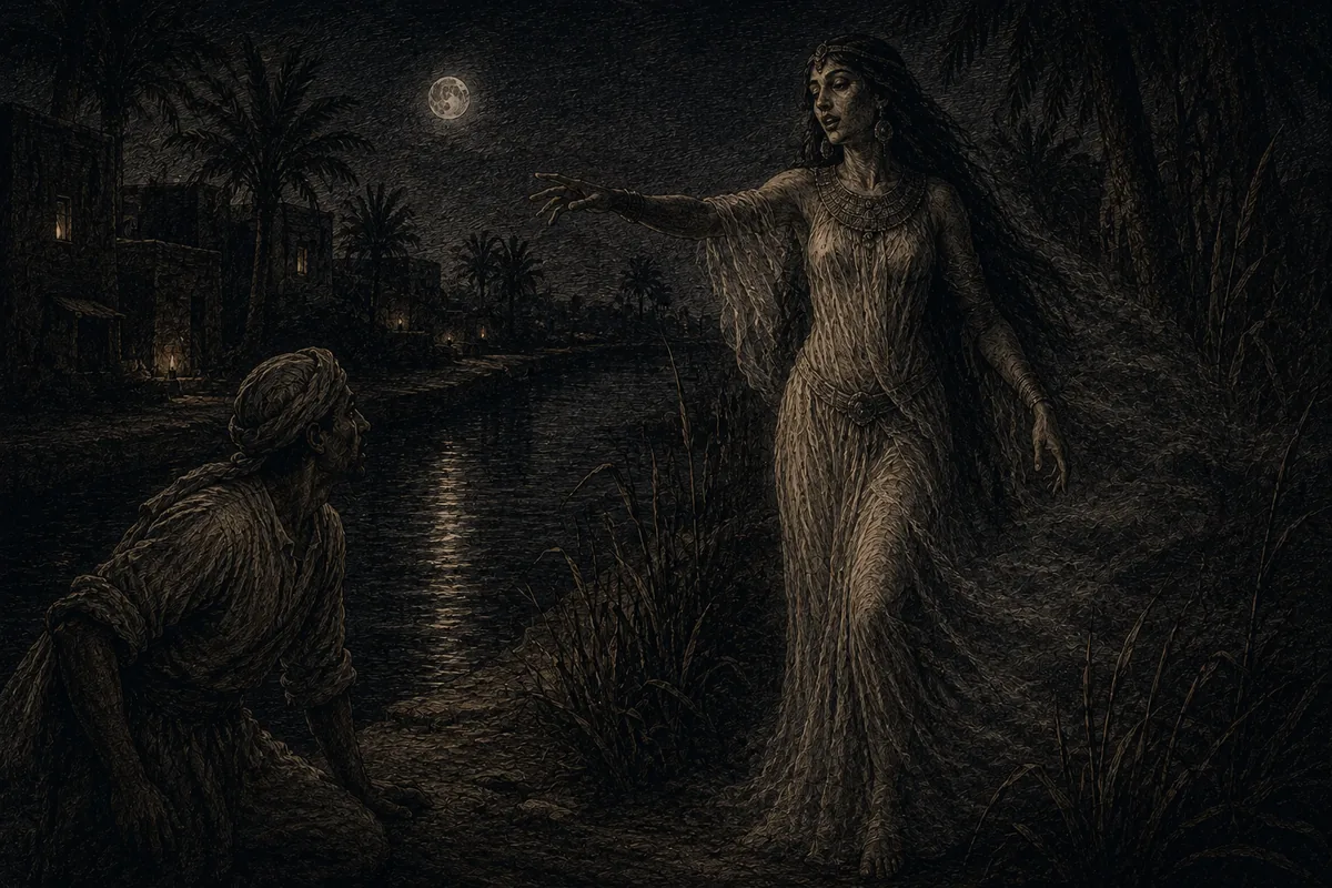 By a canal in the moonlight a very tall woman, hair loose and clothes pale, stretches out her arm and calls; a man in a turban leans towards the water as if hypnotised.