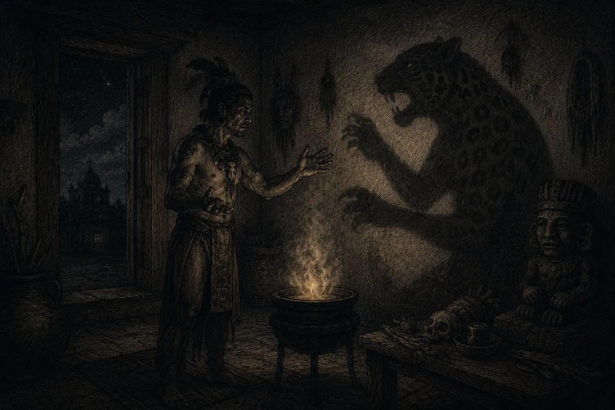 In a Mexican colonial interior, at night, a feathered ritual specialist holds out his hand over a lit brazier; on the wall his shadow is that of a jaguar reared up on its hind legs.