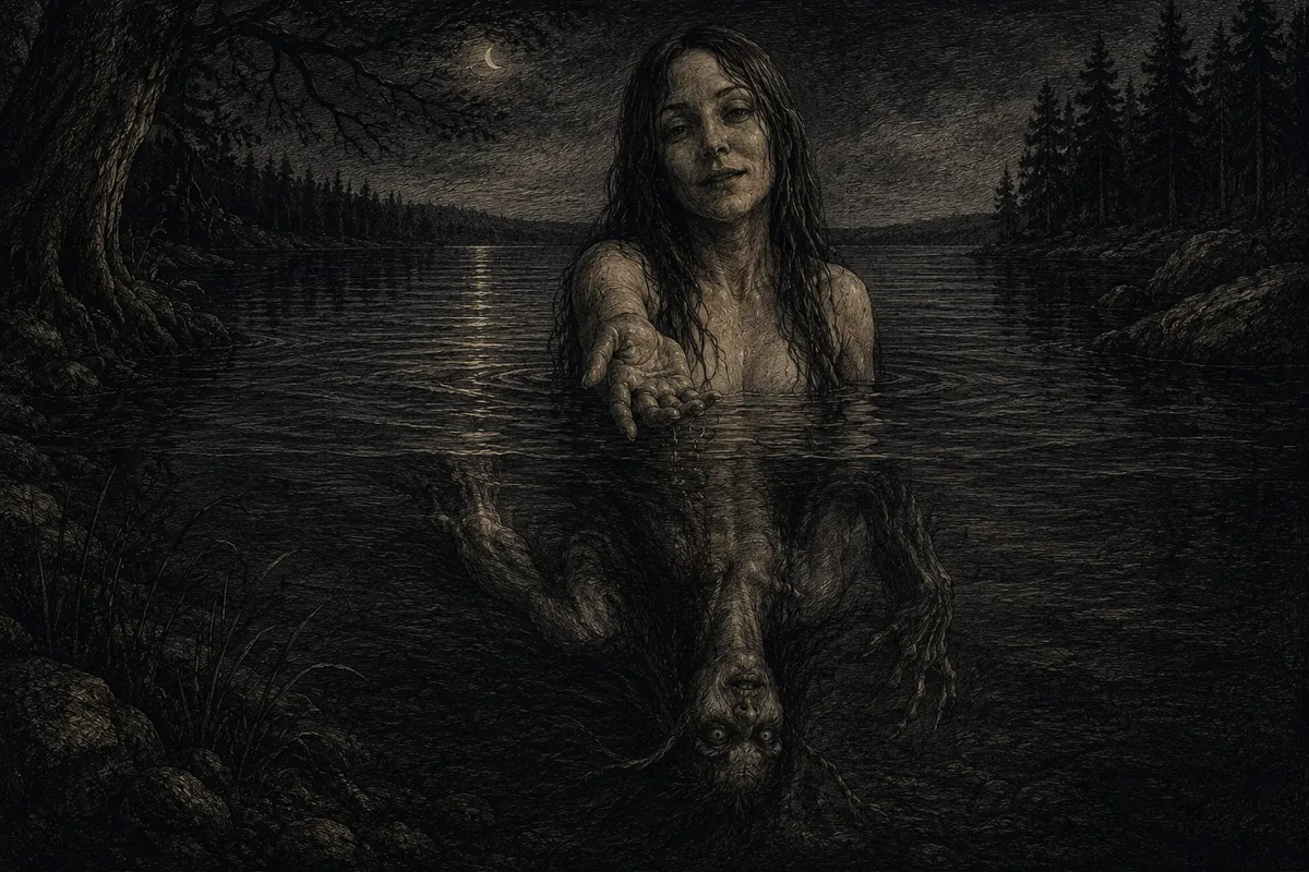 In a northern lake, among birches and spruces in the moonlight, a most beautiful woman emerges from the water and stretches her hand towards the shore; beneath the surface, barely visible, a drowned body.