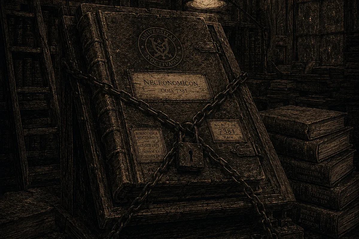 In una sala di biblioteca antica, un volume in folio con targhette di collocazione sta incatenato e chiuso da un lucchetto sul leggìo, sotto una lampada accesa; in primo piano il registro di catalogo aperto con le annotazioni del bibliotecario.
