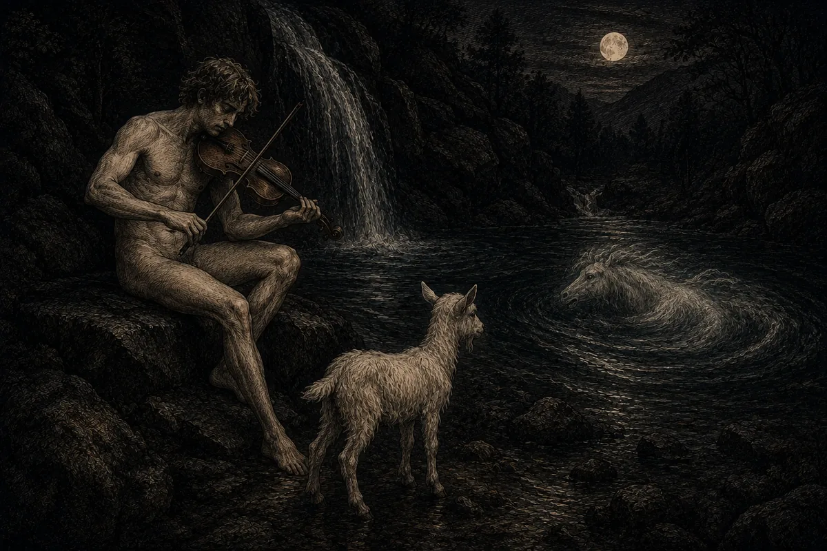 Al chiaro di luna, seduto sulla roccia bagnata accanto a una cascata, un uomo giovane e nudo suona il violino; davanti a lui un capretto bianco lasciato in pagamento, e nel gorgo poco oltre affiora un cavallo bianco.