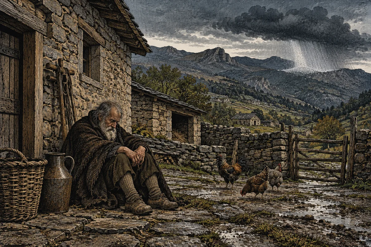In an Asturian farmyard a man with a long beard and a worn cloak sits on the ground against the wall, head bowed; above the roof of the house, far off and already beyond the ridge, a single dark cloud is moving away.