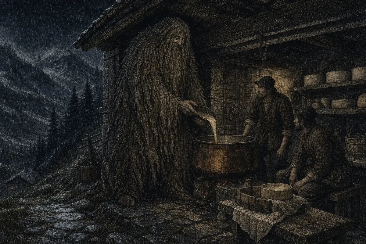 L'uomo selvatico alpino, gigantesco e coperto di peli, insegna a due pastori a fare il formaggio in una casera di pietra, accanto al paiolo di rame.