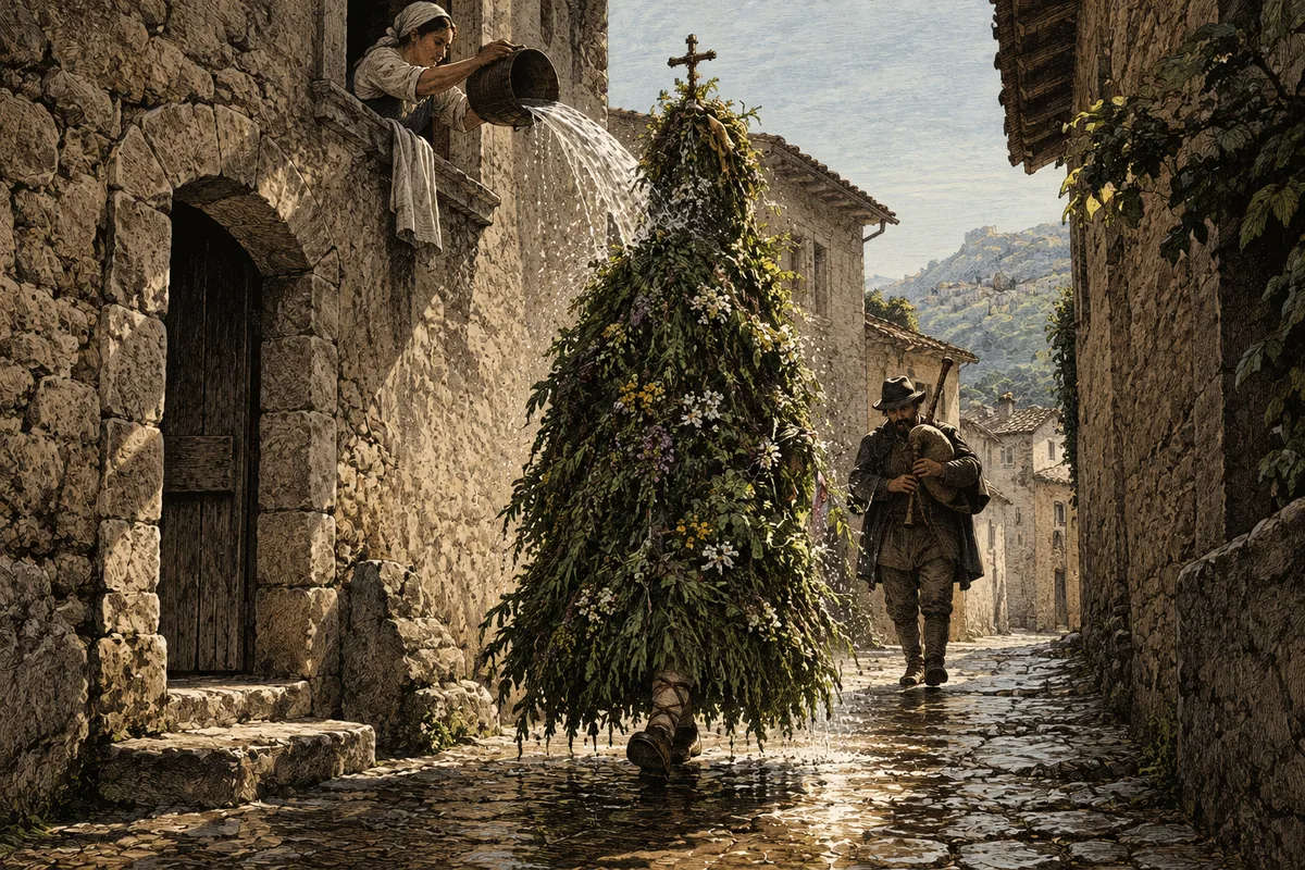At Fossalto on 1 May a young man walks along a village street inside a cone of greenery and flowers topped with a cross, covering him to the feet; from a window a bucket of water is thrown over him and behind him the ground stays wet in a trail. Beside him, a bagpiper.