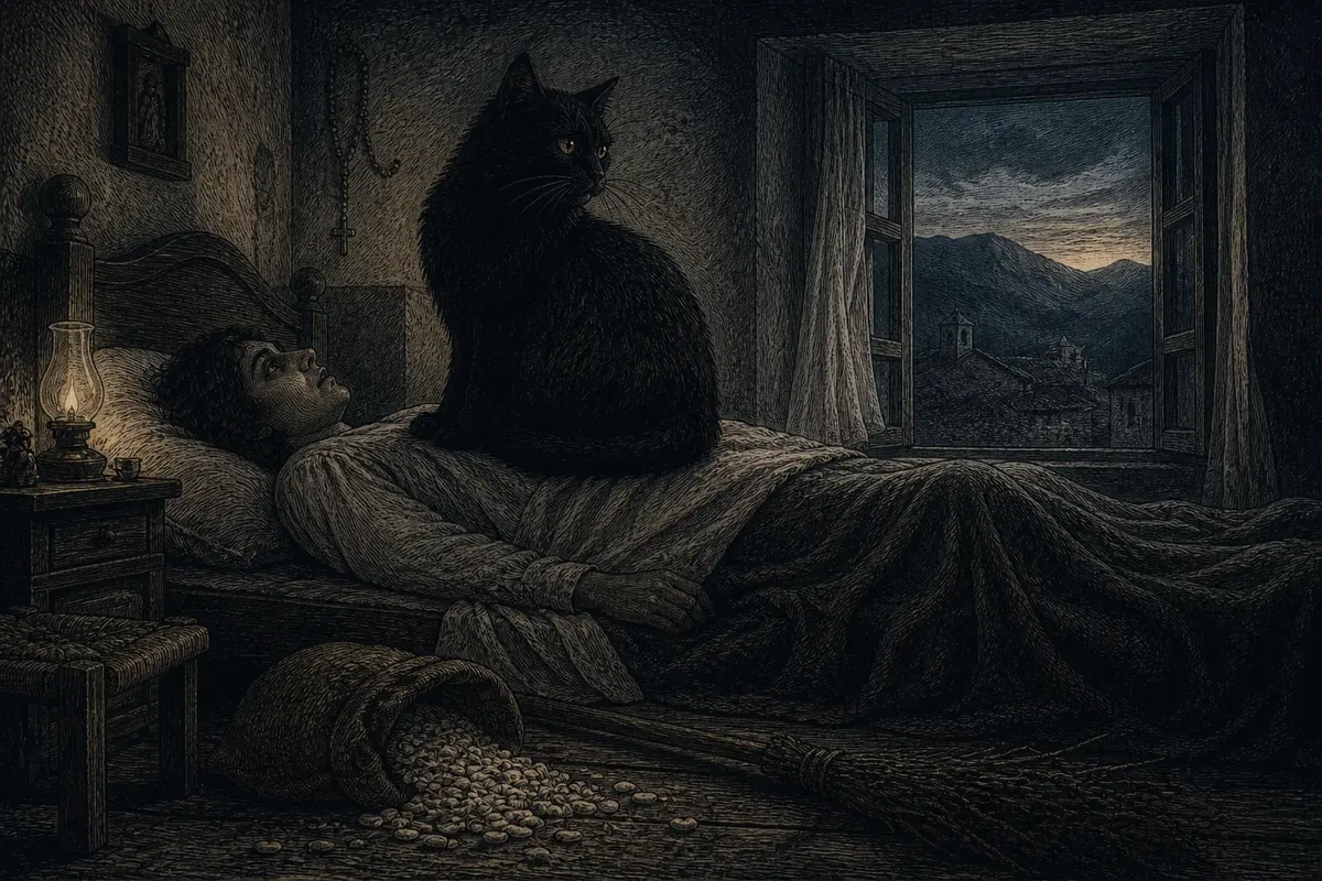 La Pantafica, vecchia o grosso gatto nero, seduta sul petto di un dormiente abruzzese; accanto al letto una scopa di saggina e un sacchetto di legumi.