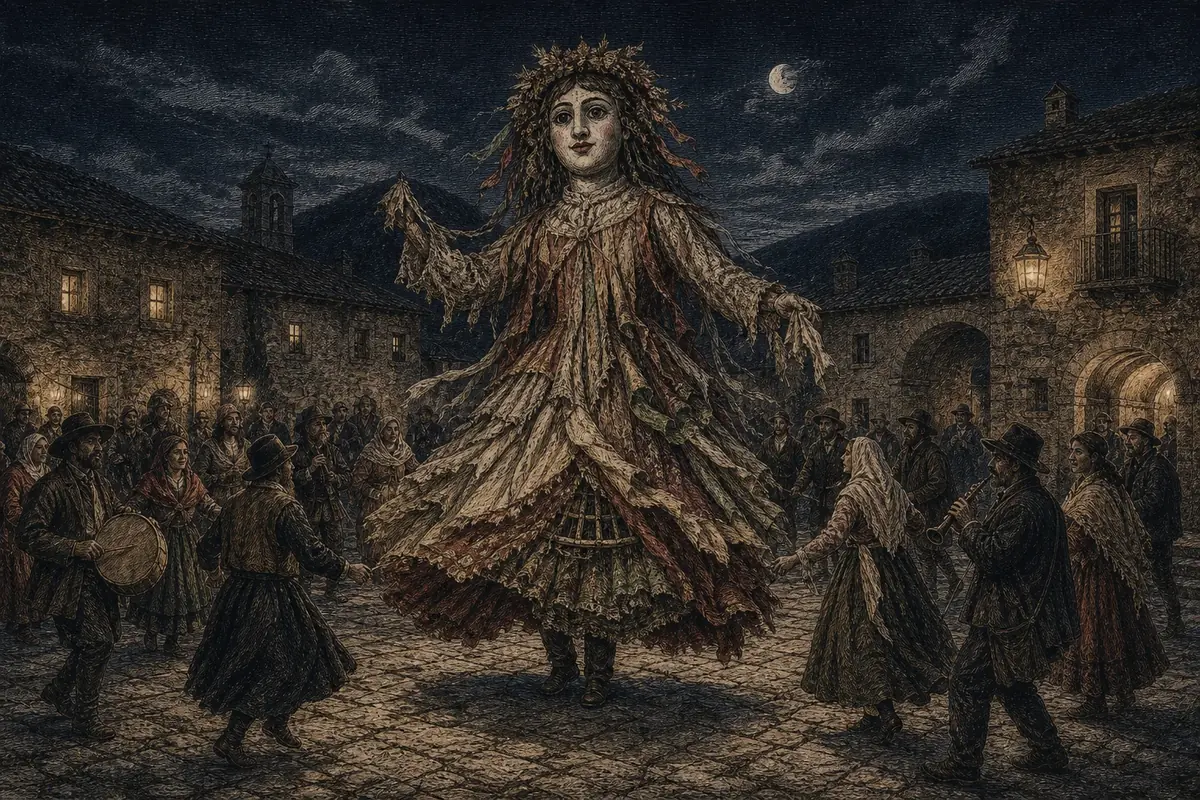 La Pantàsema, fantoccio femminile gigantesco sorretto da una persona nascosta, portata in processione e fatta ballare fra le case dell'Appennino centrale.