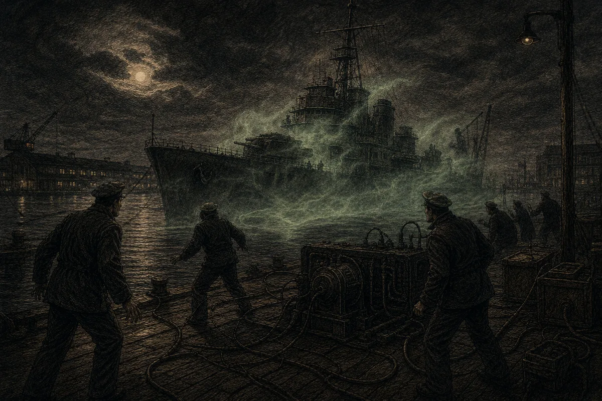 The Philadelphia navy yard in October 1943, at night: a warship at its mooring is wrapped in a greenish haze while a few sailors back away along the quay, among cables and generators.