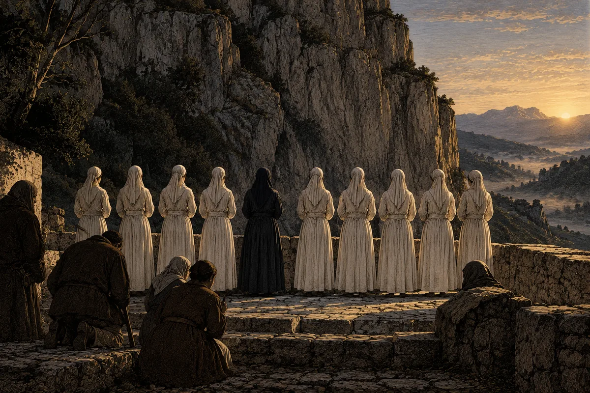 At dawn, on the terrace below a cliff, a group of young women in white stand facing the sanctuary; one alone, at the centre, is in dark dress. Behind them the rock wall still in shadow and the first light coming from the right.