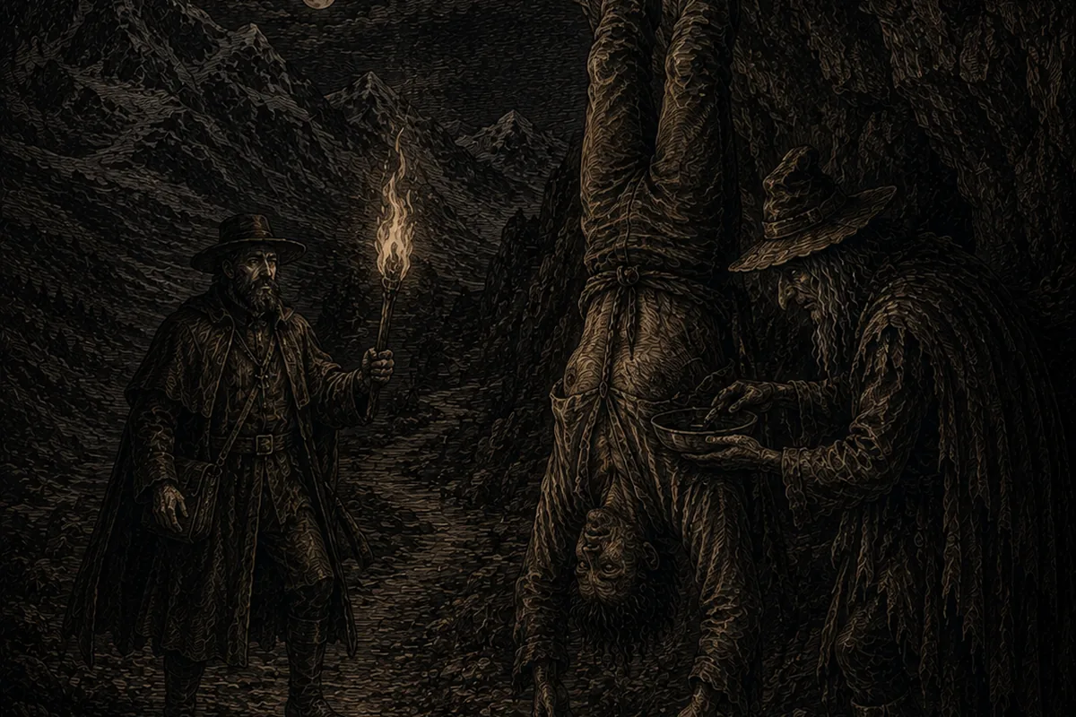 On an Andean mule track at night, a stranger with a wide-brimmed hat and a torch in his hand stands still while, hanging upside down under a rock, a man is emptied of his fat into a bowl held by a second individual.