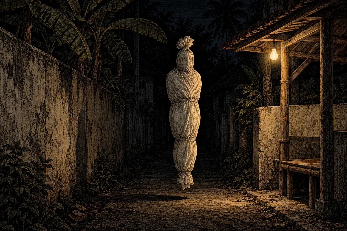 Un callejón de pueblo de noche entre muros de enlucido y bananos; en el centro una figura humana fajada de la cabeza a los pies en una tela blanca apretada con ataduras, con un mechón de tela anudado encima de la cabeza, suspendida a pocos centímetros del suelo; única fuente de luz una bombilla desnuda bajo el tejadillo de la caseta de guardia del barrio, que ilumina la tela desde la derecha y deja el resto del callejón en la oscuridad.