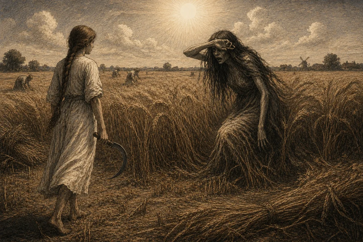 A mezzogiorno esatto, sotto un sole verticale, in un campo di grano in mietitura: una figura scarmigliata che si ripara gli occhi con la mano si è alzata fra i covoni davanti a una giovane mietitrice in bianco che stringe la falce.