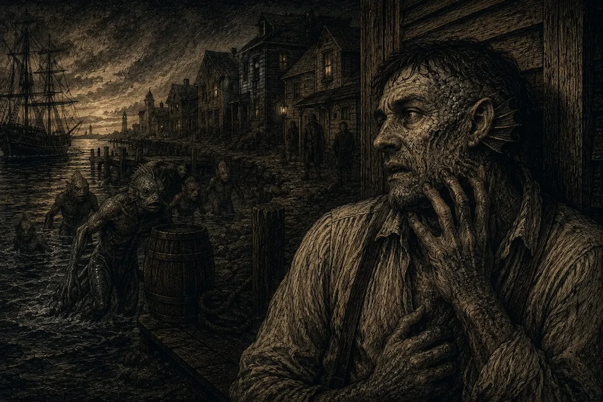 Sul molo di un porto decaduto del Massachusetts, al tramonto, figure anfibie ibride risalgono dall'acqua verso le case; in primo piano un uomo di mezza età si tocca il collo, dove la pelle sta diventando squamosa e le branchie si aprono.