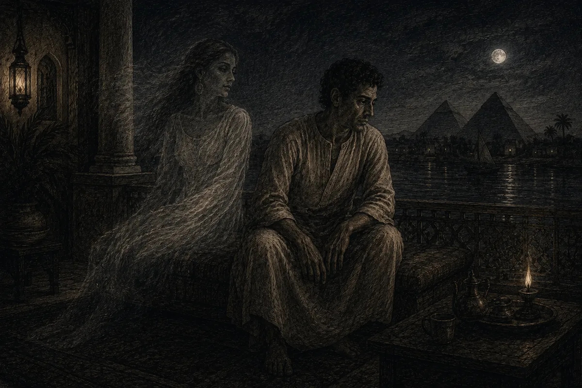 On a terrace overlooking the Nile, with the pyramids and a sailing boat in the background, a man sits beside a transparent female figure that no one else sees.