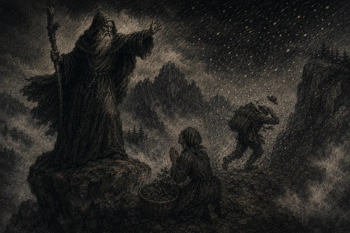 On the peaks of the Giant Mountains, in the storm, a hooded old man with a staff raises his hand and unleashes the hail on a fleeing merchant; at his feet a kneeling herb gatherer with her basket is spared.
