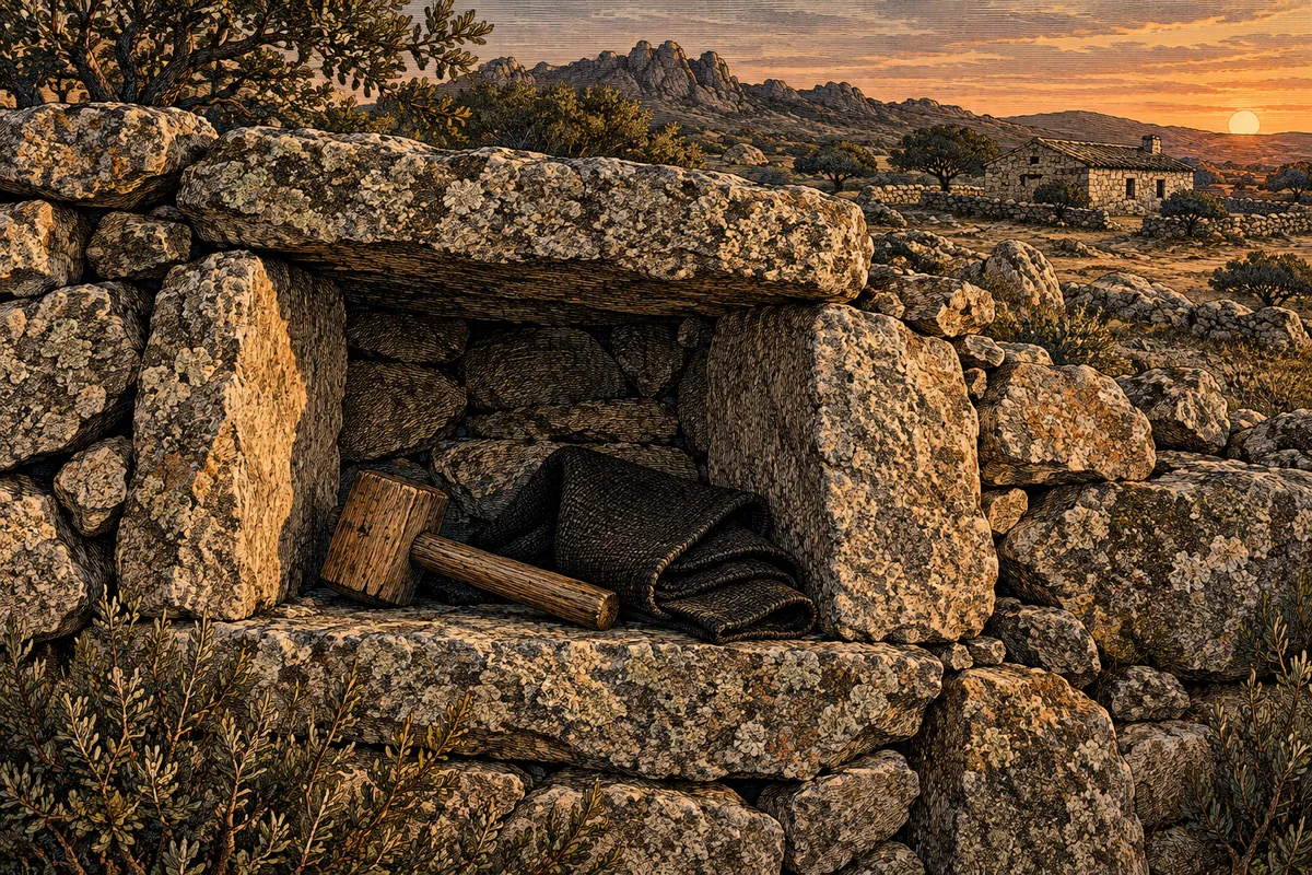 Un nicho en un muro de piedra seca de la Gallura, a pleno sol rasante: dentro, un pequeño martillo de madera y un retal de tela negra; alrededor, el pasto y un stazzo a lo lejos.