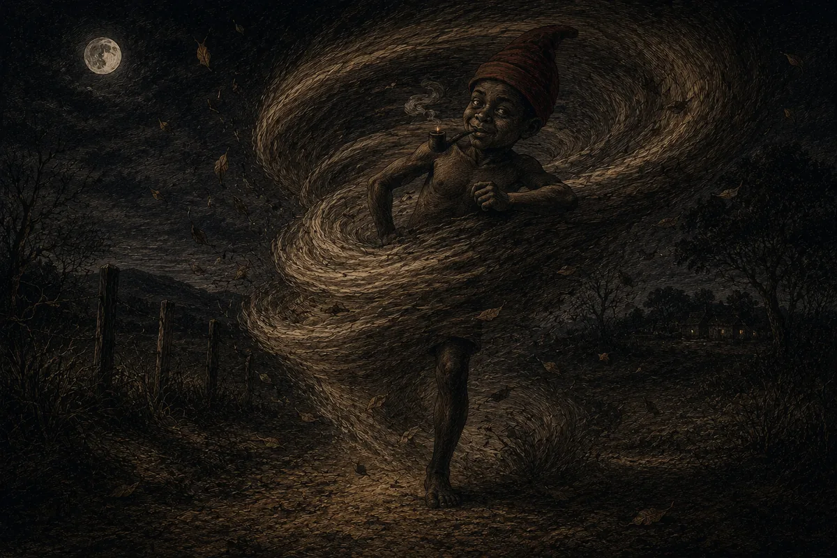 The Saci-Pererê, a black boy with a single leg, a red cap on his head and a lit pipe, advances inside a whirl of dust and leaves along a country road by moonlight.
