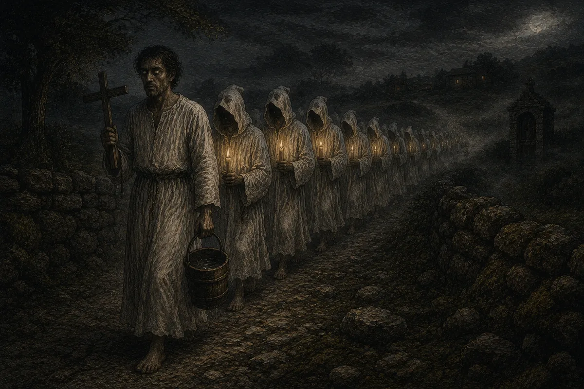On a mule track in Galicia in the night fog, a procession of hooded figures in white advances barefoot with lighted candles; at its head walks a living man, his eyes empty, carrying the cross and the pail of holy water.