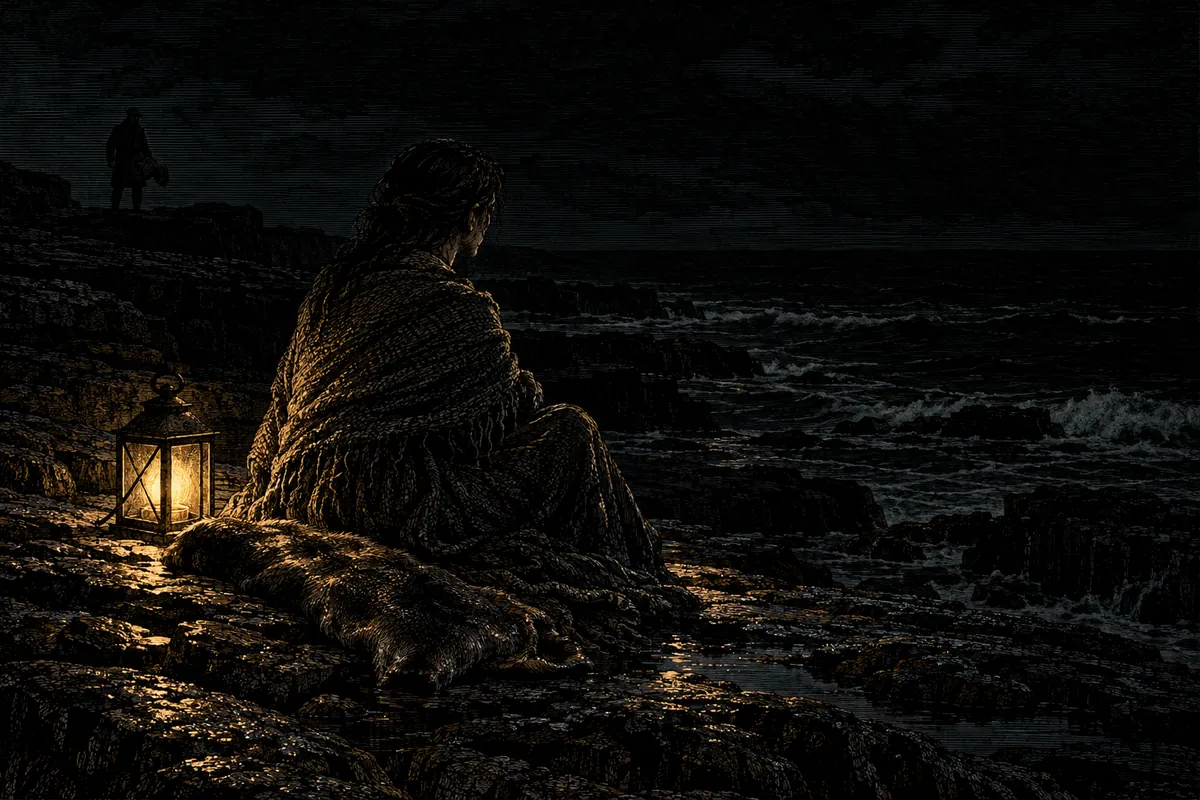 Noche sobre un acantilado bajo batido por el agua. En primer plano una mujer sentada en la roca, envuelta en un chal mojado, el pelo pegado al cuello, el rostro vuelto hacia el mar abierto; junto a ella, tendida sobre la piedra, una piel de foca lustrosa. La única luz es una linterna sorda puesta en el suelo a su derecha, que le enciende el costado y el borde de la piel y deja el mar y el cielo en negro pleno. Detrás, mucho más atrás y apenas legible, la silueta oscura de un hombre de pie que tiene en la mano una segunda piel enrollada. Ningún texto.