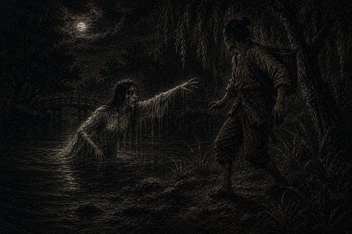 Beneath a weeping willow, by a curving little bridge, a dripping female figure emerges from the water as far as the waist and stretches her hand towards a man standing on the bank, who draws away.
