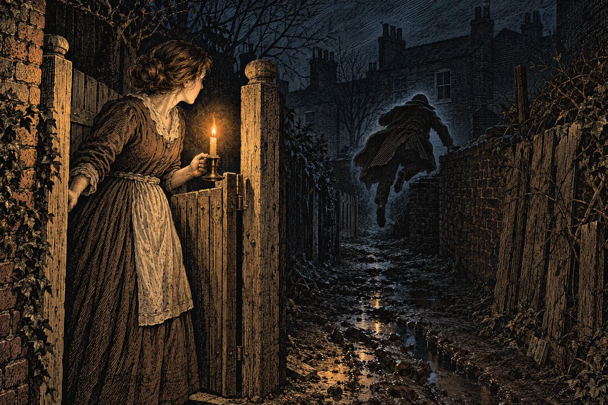Un callejón fangoso entre Bow y Old Ford en 1838: una muchacha con una vela en el umbral de la cancela de su casa, y delante de ella, al otro lado de la cancela, una figura con capa que se despega del suelo en un salto; la única luz es la vela.