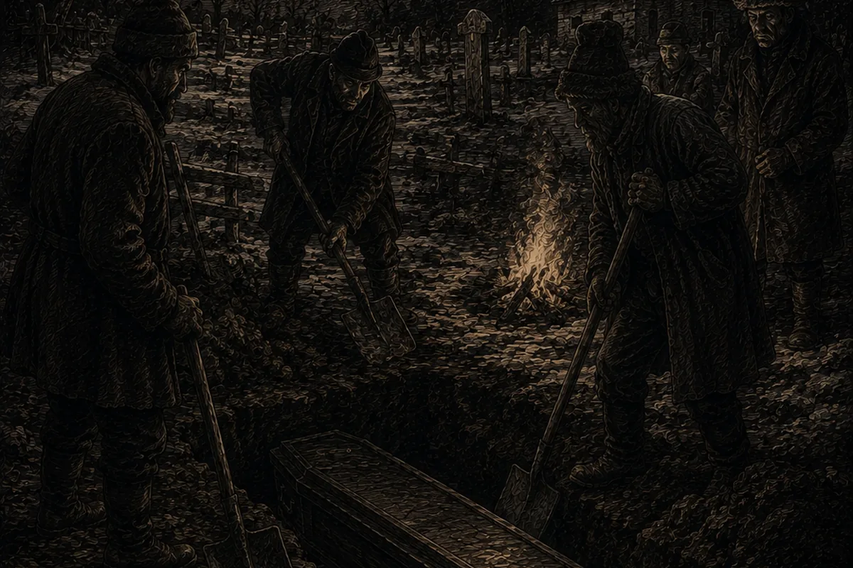 In a rural cemetery in Oltenia, in January and by moonlight, a grave has been reopened and the coffin lies with its lid off on the disturbed earth; six men in overcoats and fur hats stand around it with spades, and a little way off a fire is burning.