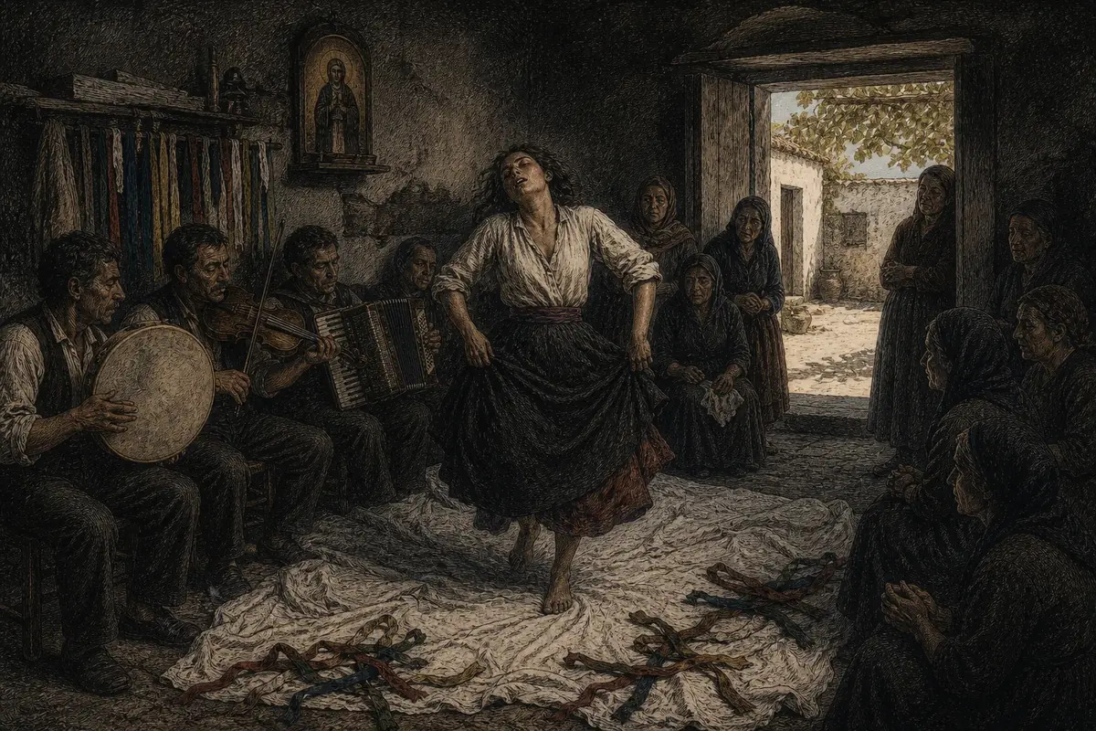Una tarantata danza sul lenzuolo bianco fra i nastri colorati mentre i musicisti provano le melodie col tamburello, in una casa del Salento.