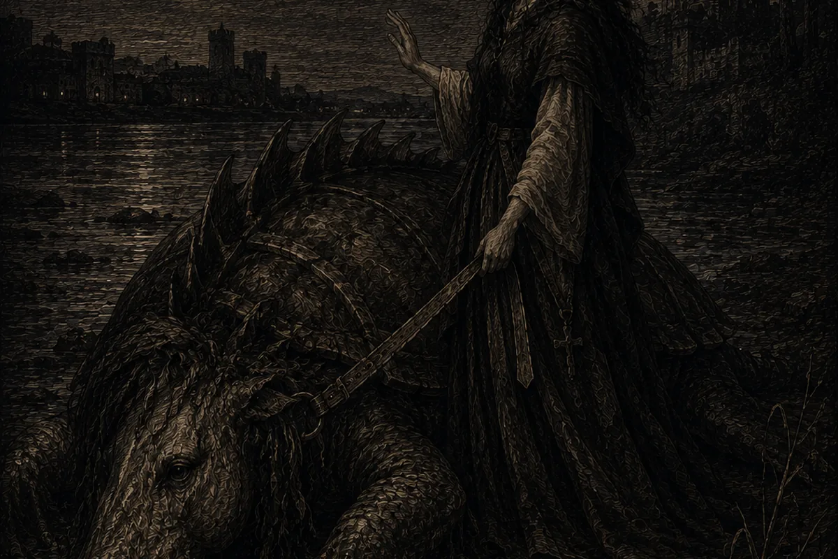 On the bank of the Rhône in the moonlight, with the towered town in the background, a woman in travelling dress leads by a strap the amphibious monster come out of the wood — a back of serrated plates, an equine head, webbed feet — and raises her free hand in the sign of blessing.