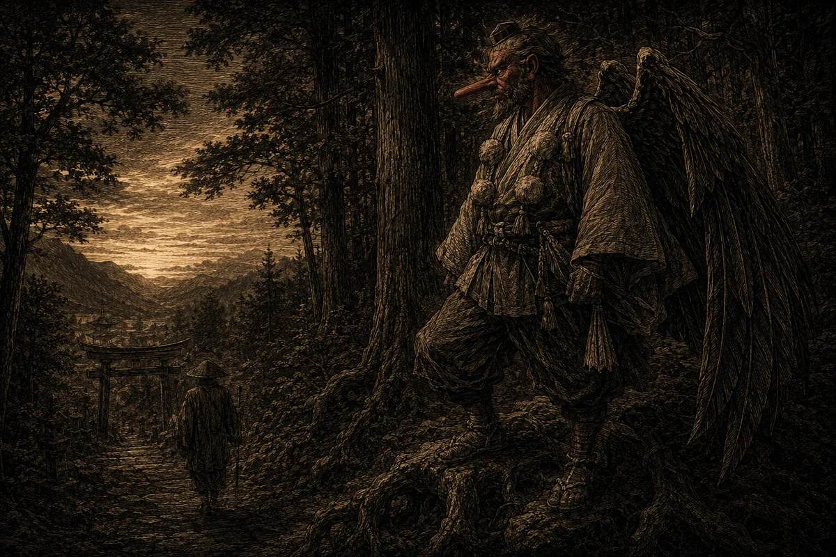 On a cedar root, at dusk, a figure with a red face and a very long nose in yamabushi dress — tasselled stole, small headgear — stands motionless with its great raptor wings folded on its back; lower down, along the path that leads to a torii, a pilgrim in a straw hat walks by without seeing it.