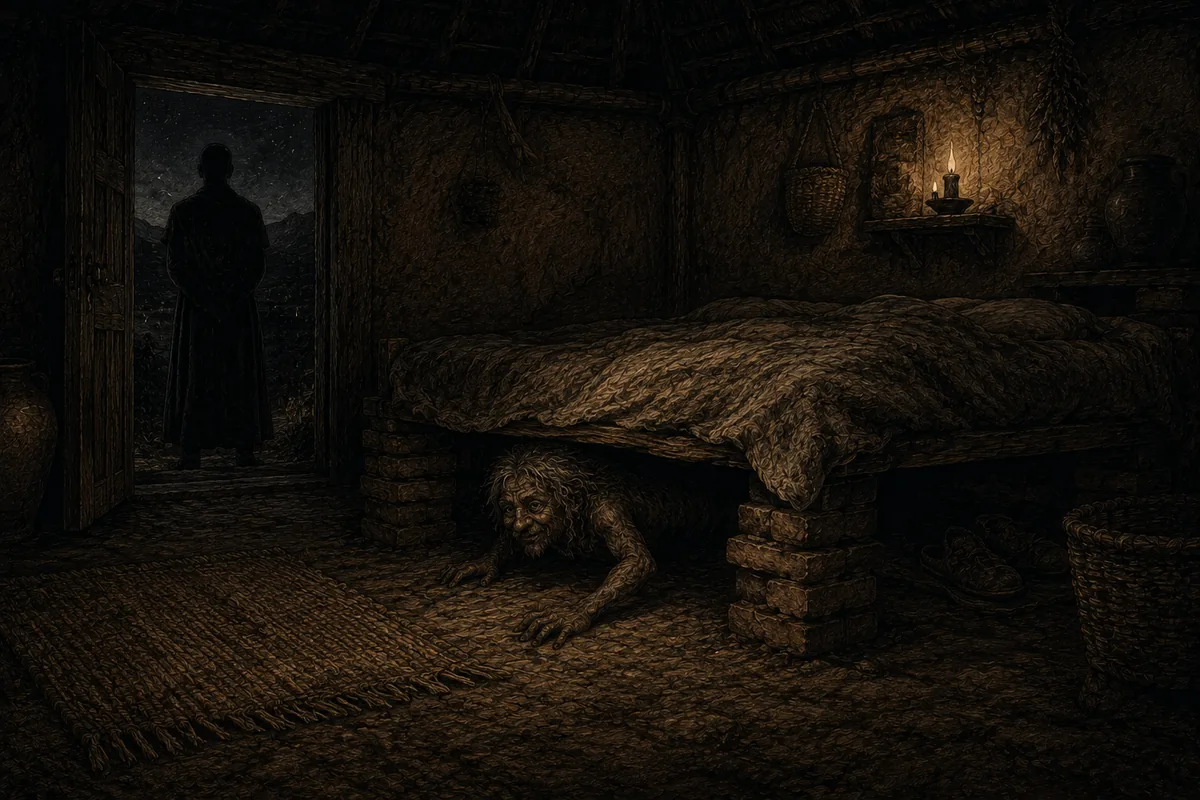 Inside a thatched house, at night, a small hairy male being slips out from under a bed whose frame is raised on piles of bricks; on the threshold, seen from behind against the starry sky, the motionless silhouette of a man.