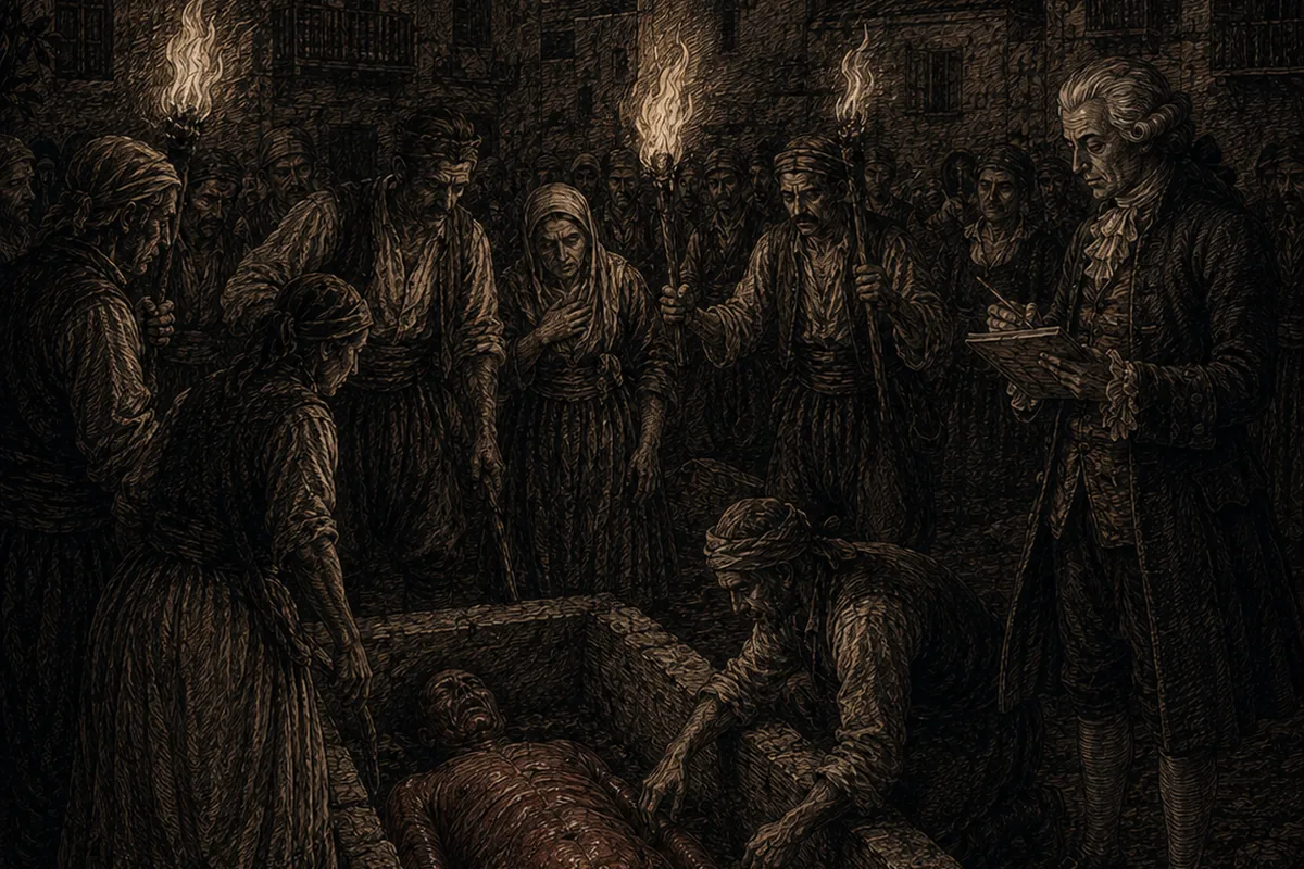In the square of a Cycladic island, at night and beneath the dome of the church, a coffin has been opened on the paving and a man with a kerchief on his head bends over the swollen, reddish corpse; around him the islanders hold the torches, and off to one side a European traveller in a wig takes notes in a notebook.