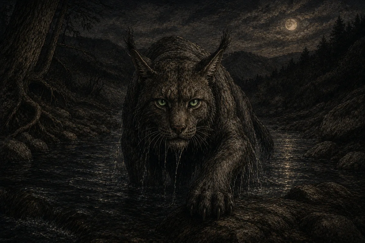 Un felino enorme fra il puma e la lince, il pelo grondante e gli occhi verdi luminosi, esce da un torrente appalachiano al chiaro di luna e posa una zampa sulla roccia in primo piano.