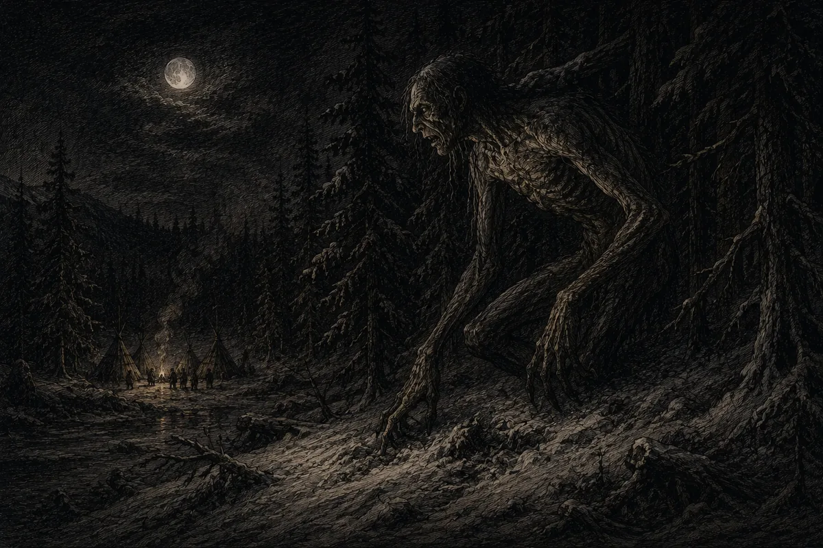 An emaciated and immensely tall figure, the skin drawn tight over the bones and the arms very long, advances stooping among snow-covered firs; at the bottom of the valley a camp of conical tents stands around a fire.