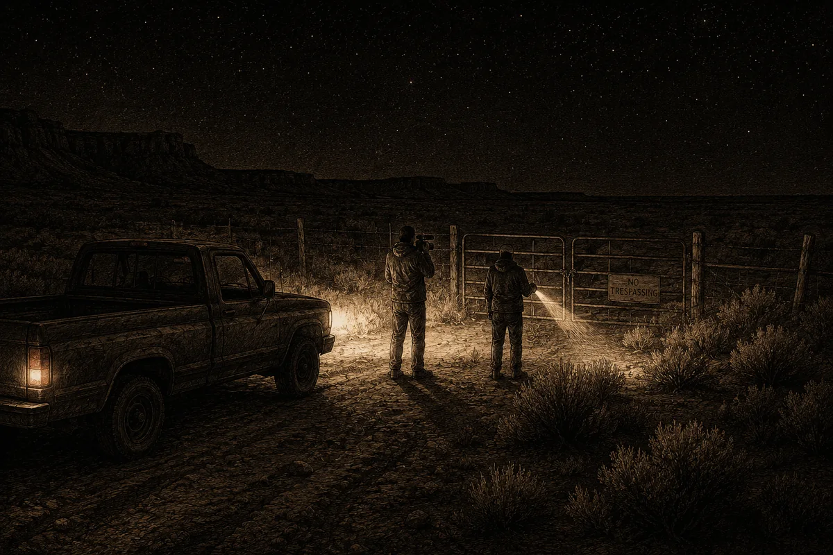 Incisione notturna su una pista sterrata nell'alto deserto dello Utah orientale, fra artemisia e mesa basse sotto un cielo stellato: un pick-up è fermo a sinistra con i fari accesi, puntati verso una recinzione metallica con un cancello chiuso e un cartello di divieto d'accesso. Nel fascio di luce, di spalle, due persone in abiti sportivi contemporanei: una tiene una videocamera portatile alzata all'altezza degli occhi, l'altra passa il fascio di una torcia lungo la linea della recinzione. Oltre il cancello non c'è nulla: terra aperta, cespugli e buio.